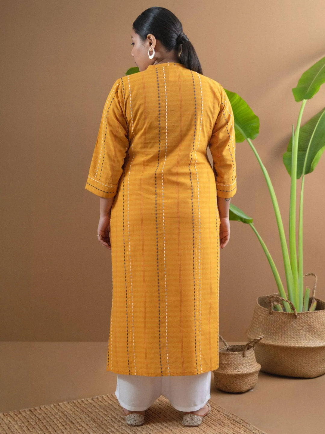 Plus Size Yellow Striped Cotton Kurta - Libas 