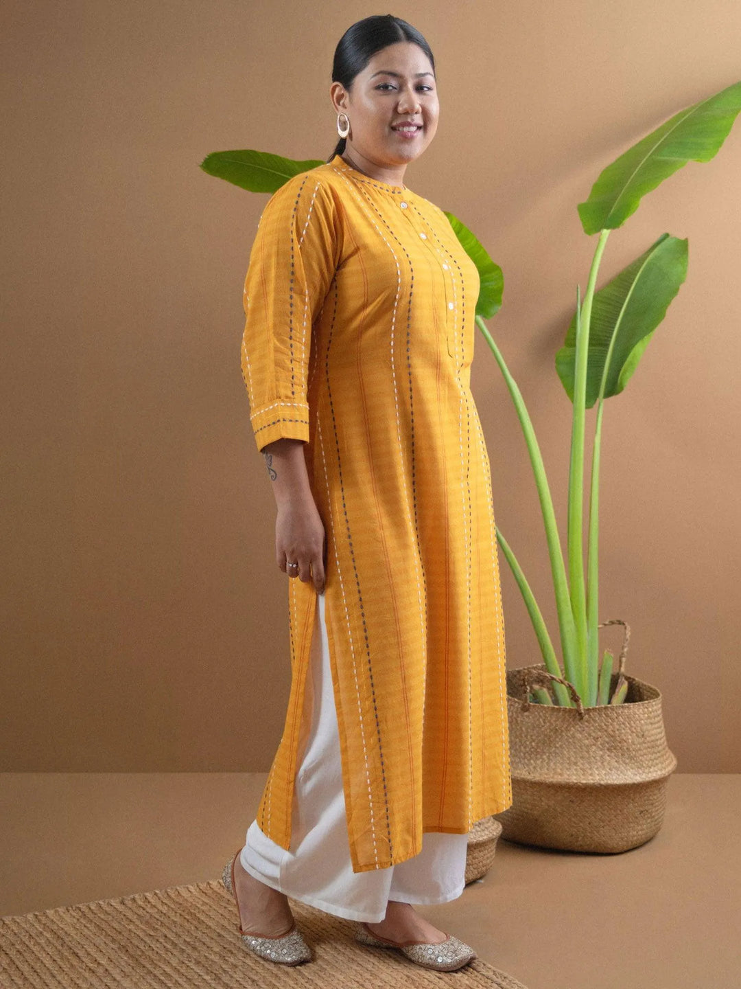 Plus Size Yellow Striped Cotton Kurta - Libas 