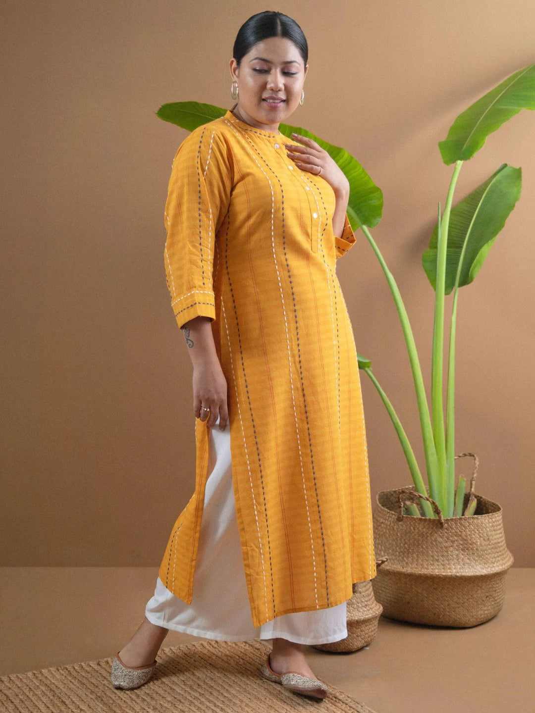 Plus Size Yellow Striped Cotton Kurta - Libas 