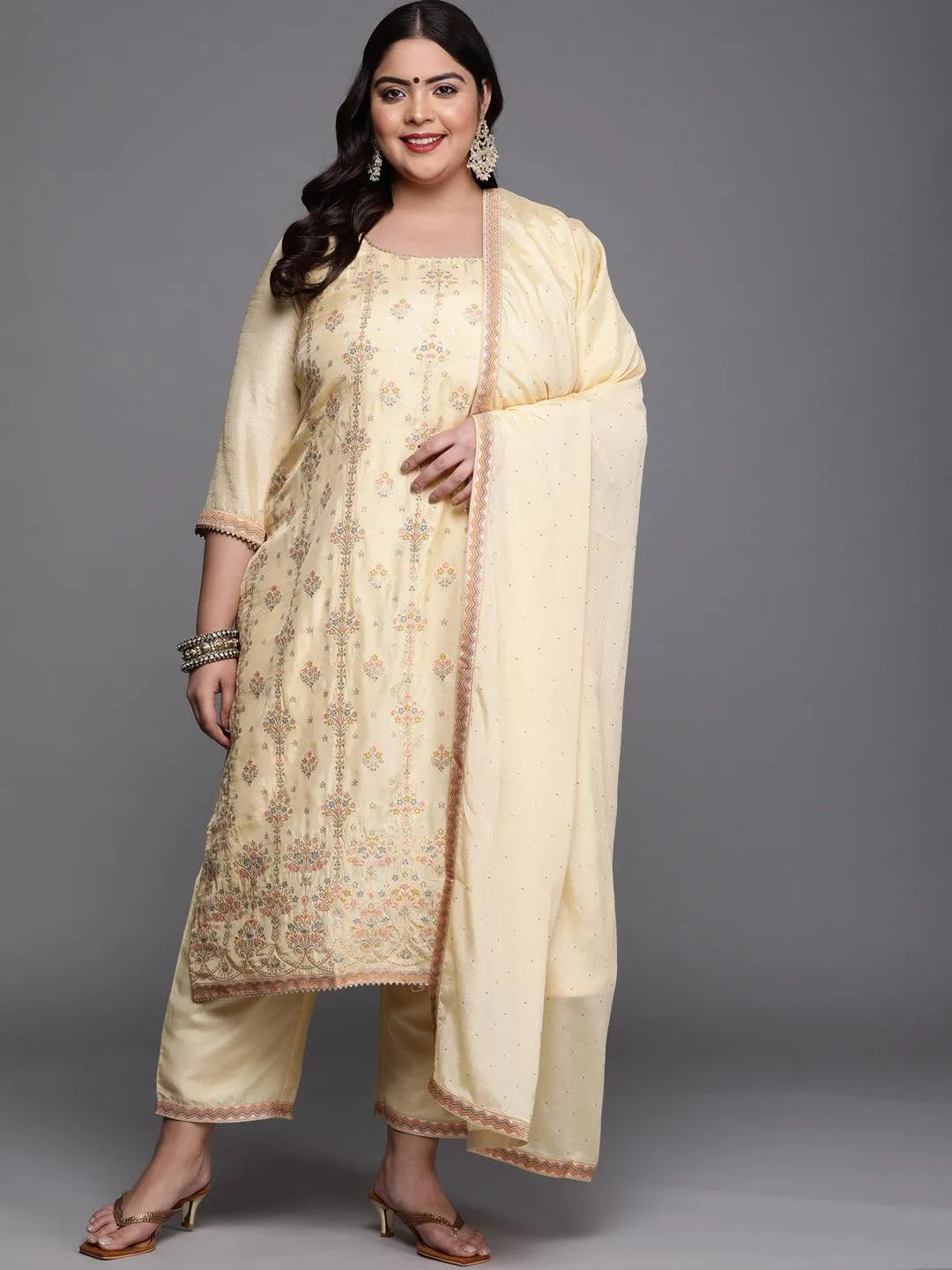 Plus Size Yellow Woven Design Silk Blend Suit Set - Libas 