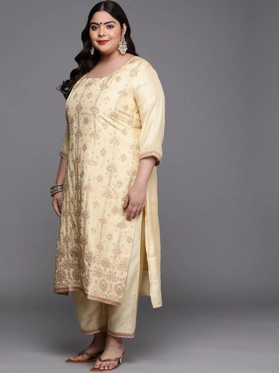 Plus Size Yellow Woven Design Silk Blend Suit Set - Libas 