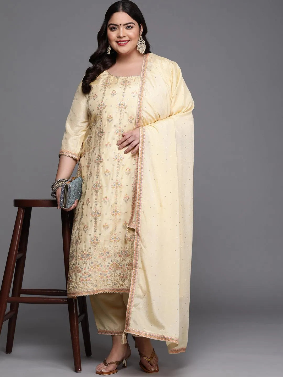 Plus Size Yellow Woven Design Silk Blend Suit Set - Libas 