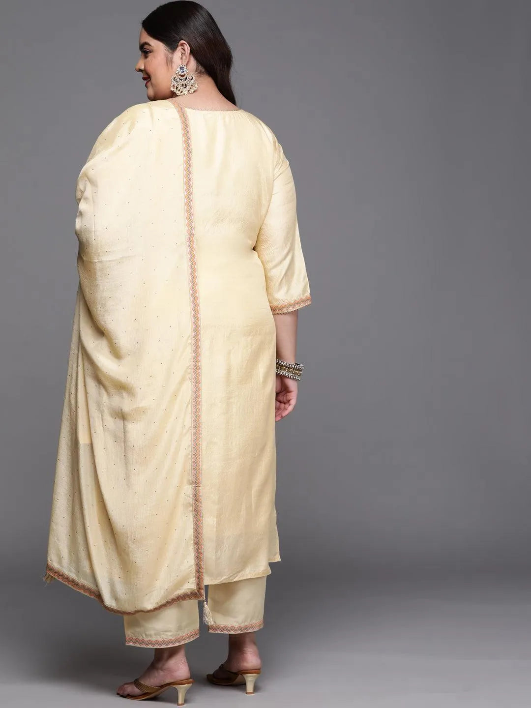 Plus Size Yellow Woven Design Silk Blend Suit Set - Libas 