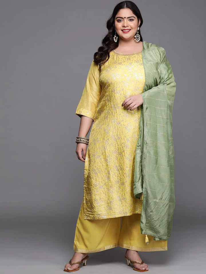 Plus Size Yellow Woven Design Silk Blend Suit Set - Libas