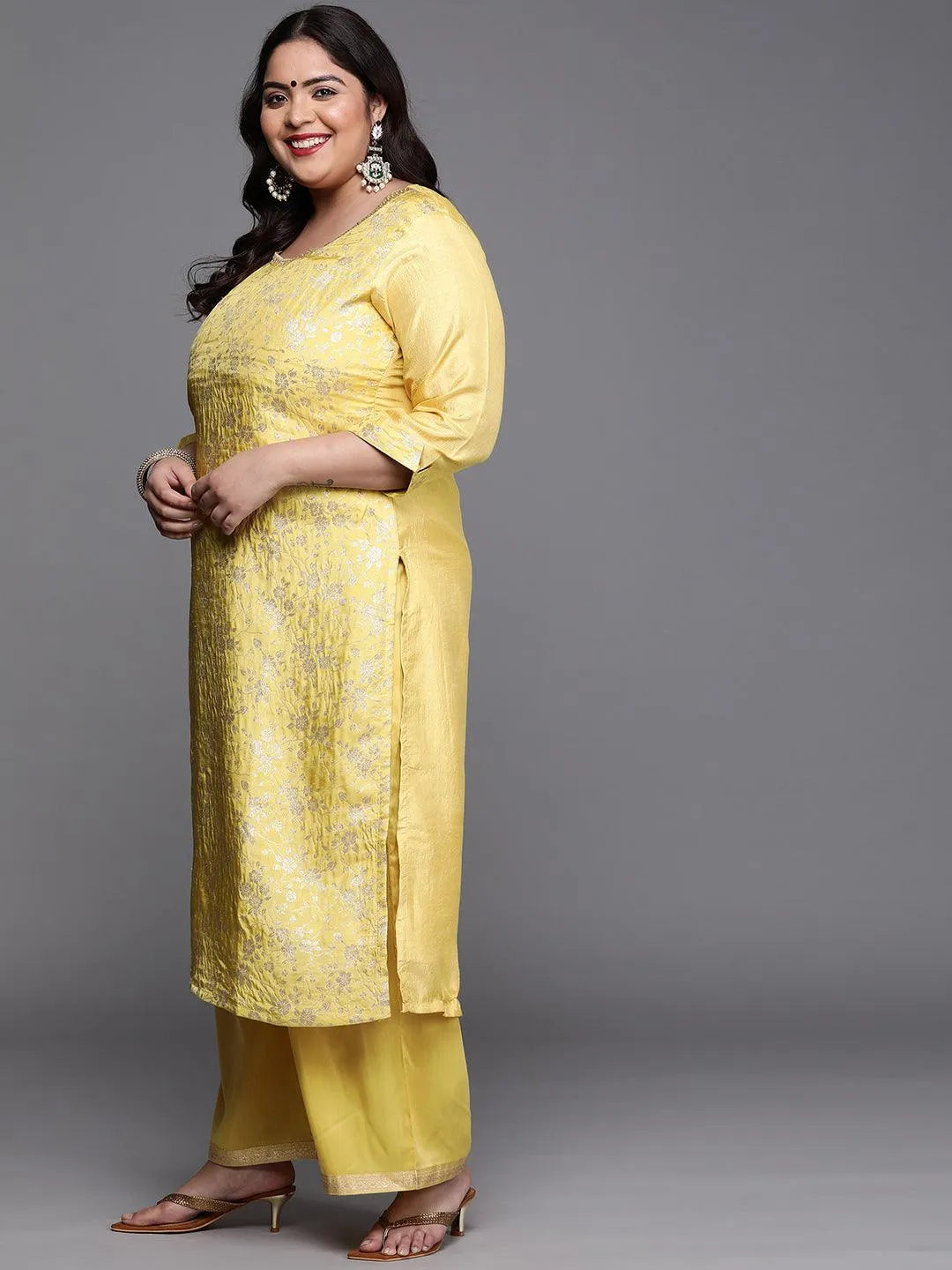 Plus Size Yellow Woven Design Silk Blend Suit Set - Libas 