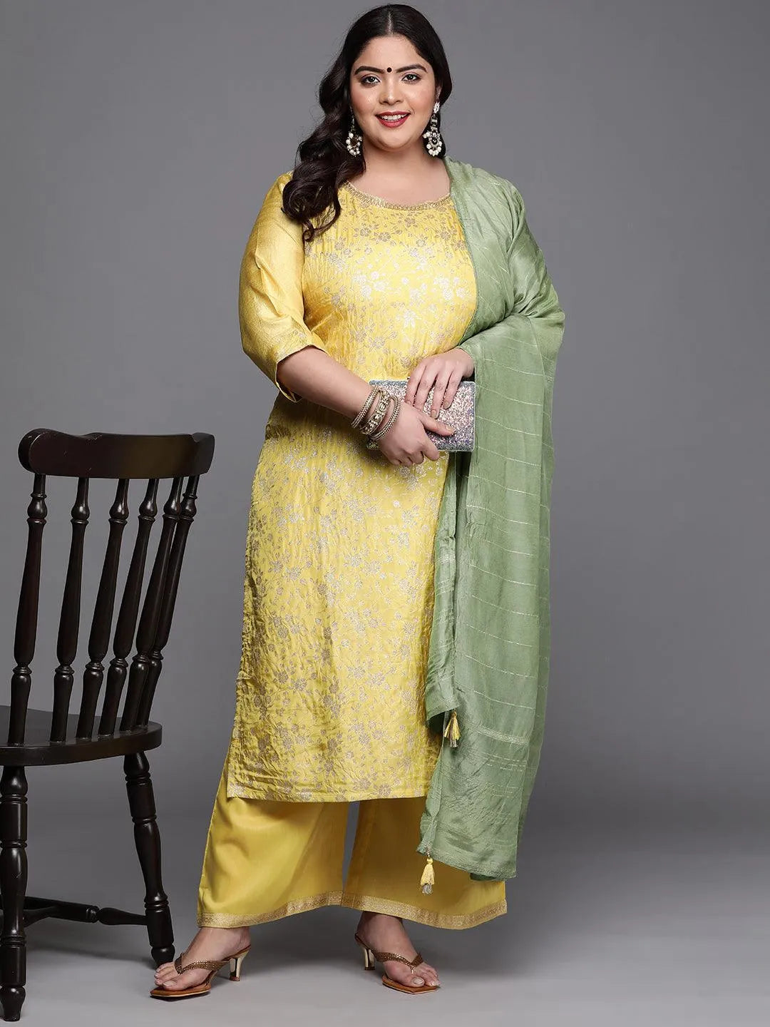 Plus Size Yellow Woven Design Silk Blend Suit Set - Libas 