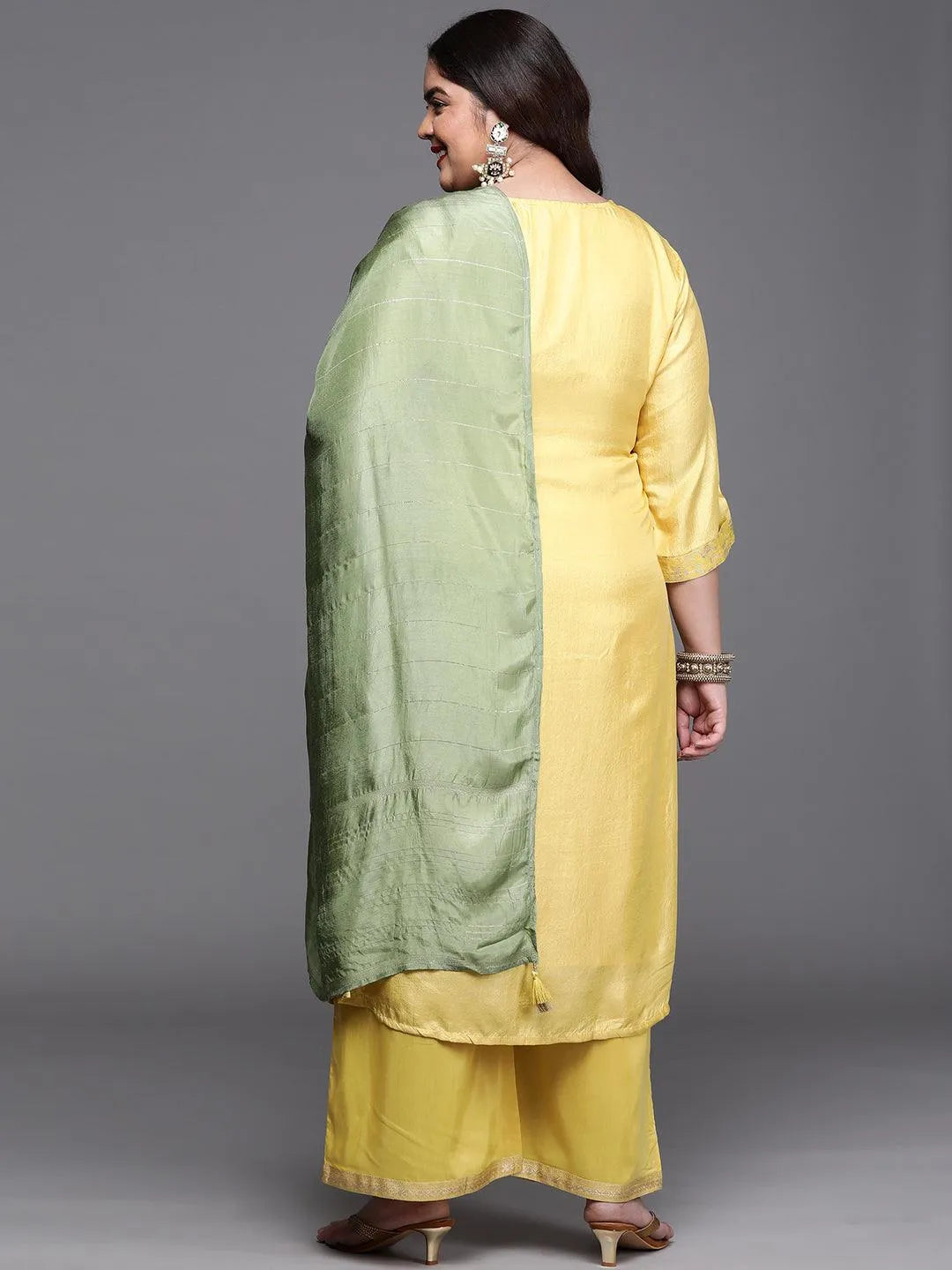 Plus Size Yellow Woven Design Silk Blend Suit Set - Libas 