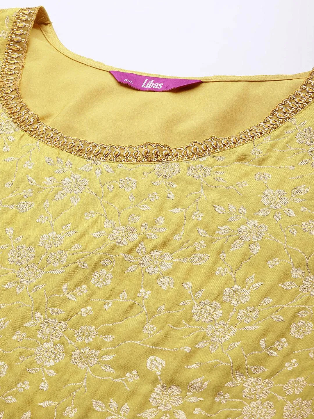 Plus Size Yellow Woven Design Silk Blend Suit Set - Libas 