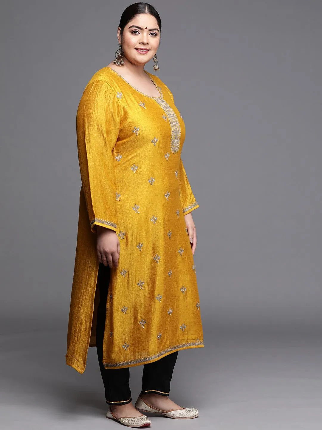 Plus Size Yellow Yoke Design Silk Kurta - Libas 