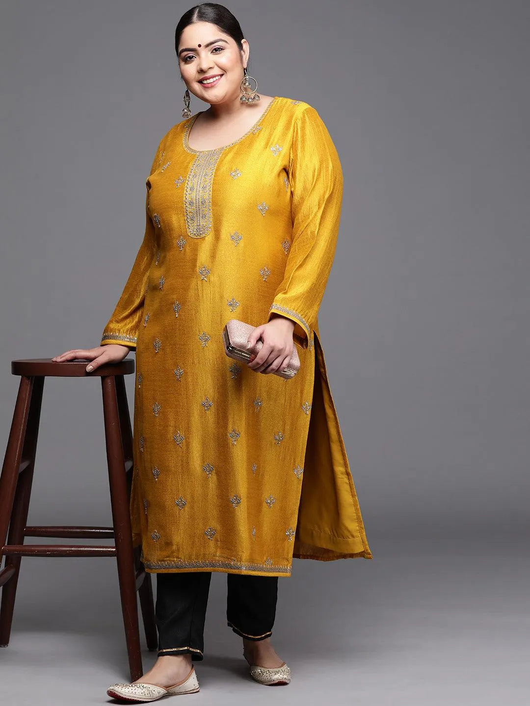 Plus Size Yellow Yoke Design Silk Kurta - Libas 