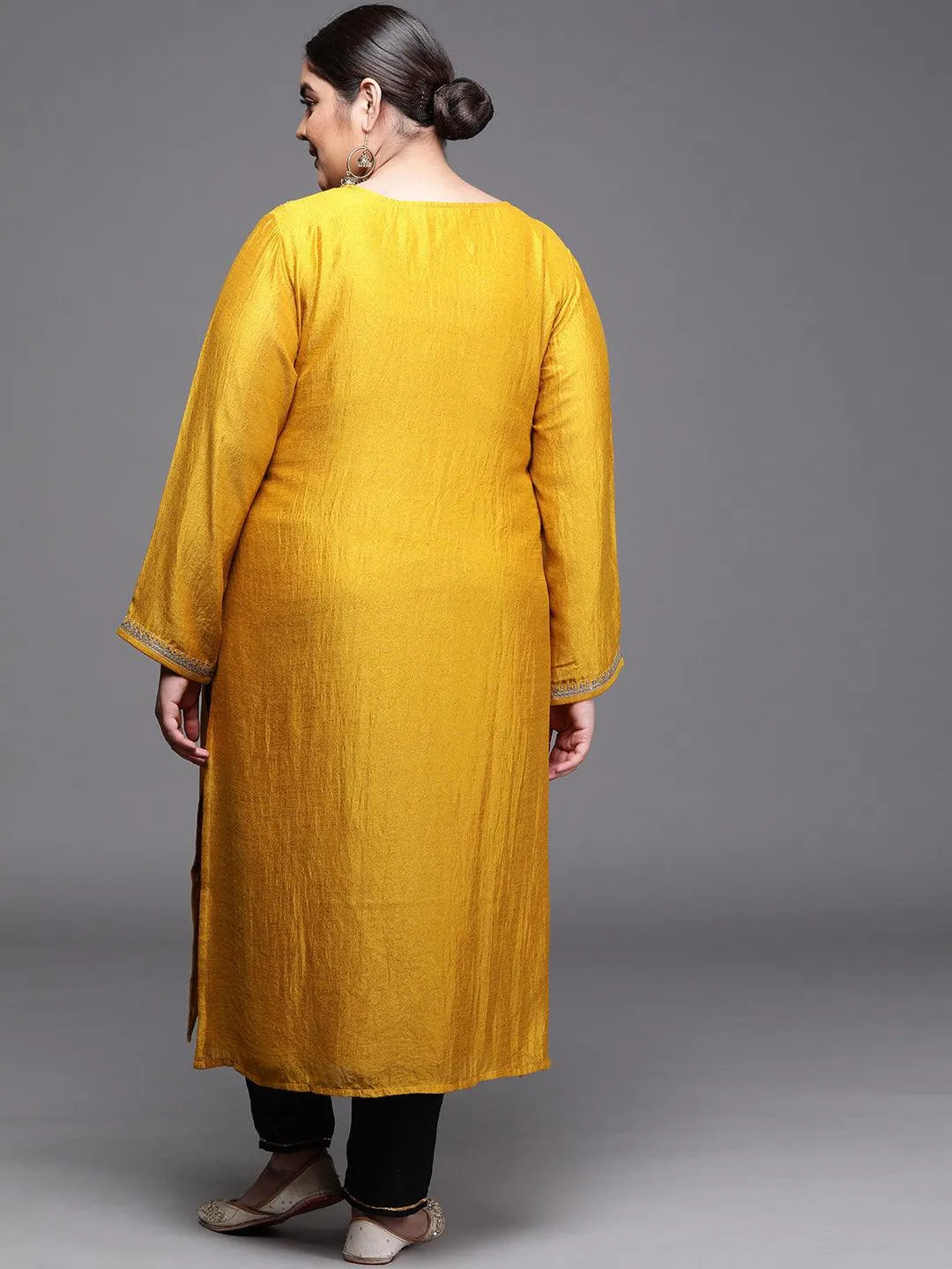 Plus Size Yellow Yoke Design Silk Kurta - Libas 