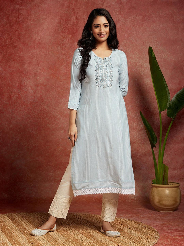 Powder Blue Yoke Design Cotton Straight Kurta - Libas