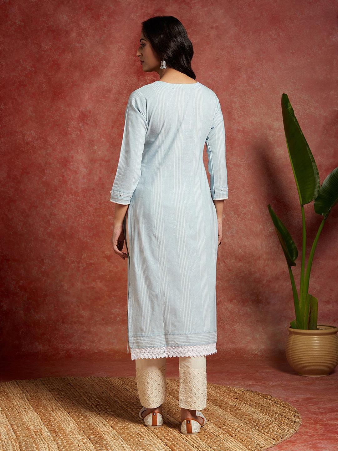 Powder Blue Yoke Design Cotton Straight Kurta - Libas