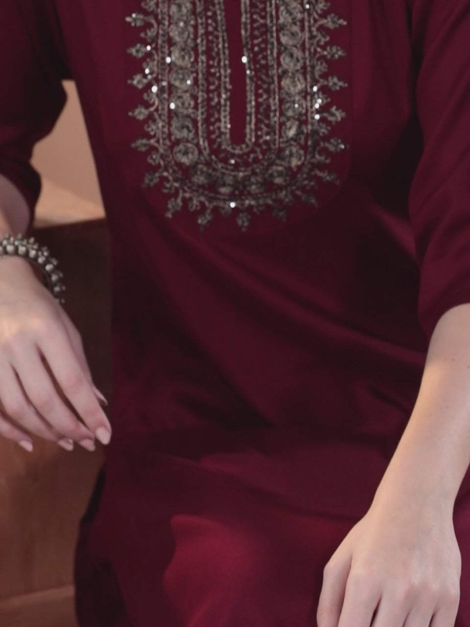  Maroon Yoke Design Wool Blend Straight Kurta Set 