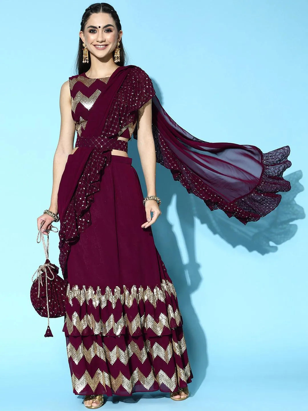 Purple Embellished Georgette Saree - Libas