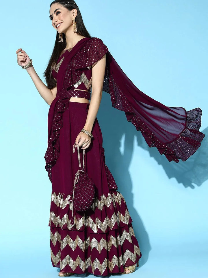 Purple Embellished Georgette Saree - Libas