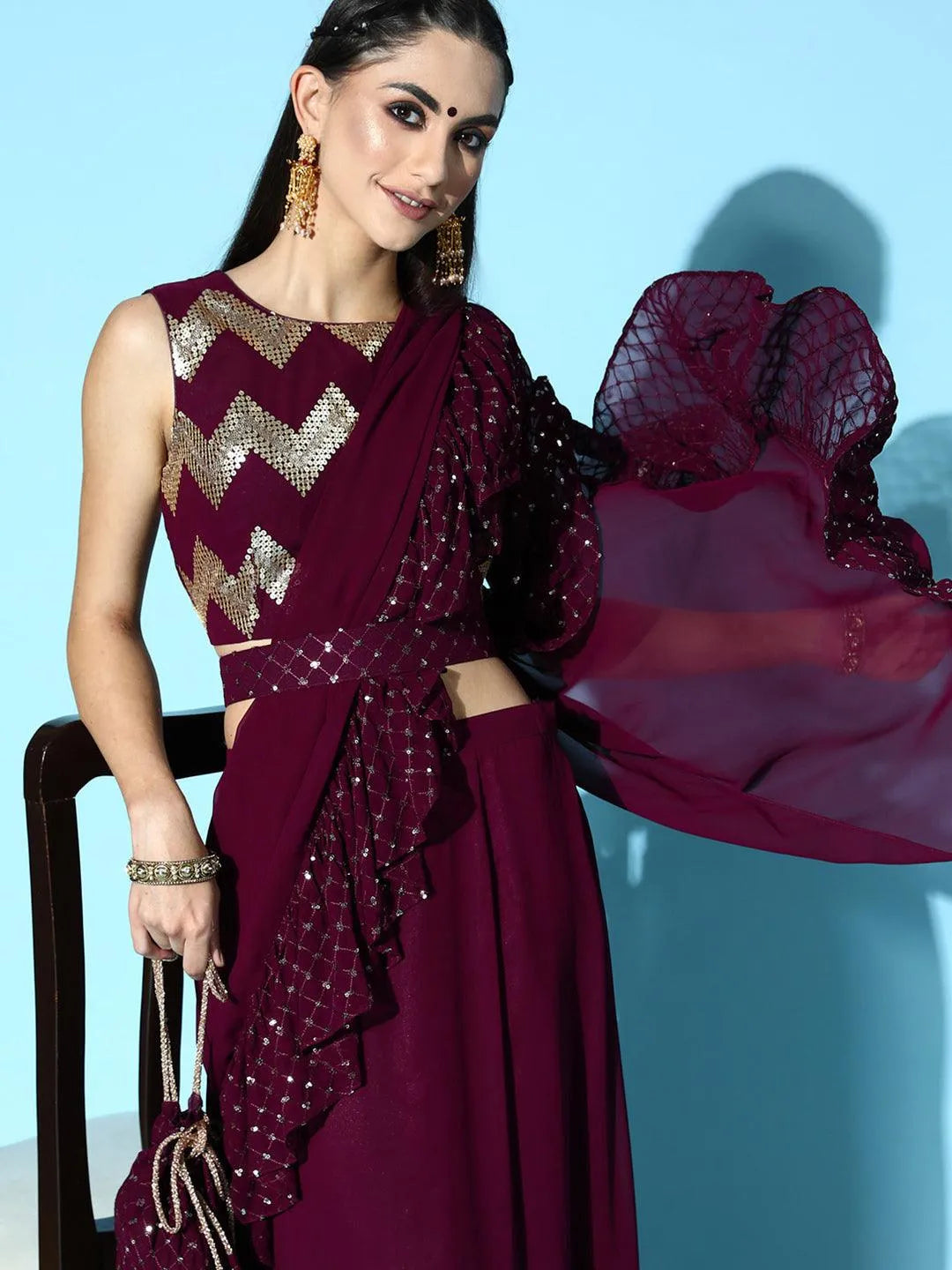 Purple Embellished Georgette Saree - Libas