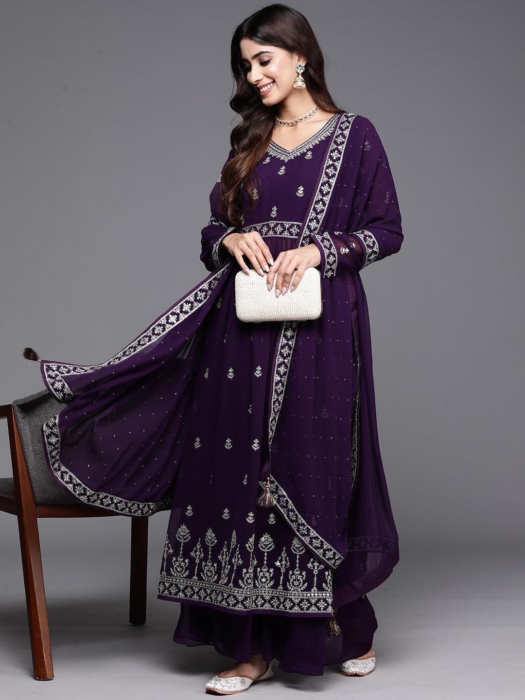 Purple Embroidered Georgette A-Line Kurta With Palazzos & Dupatta - Libas