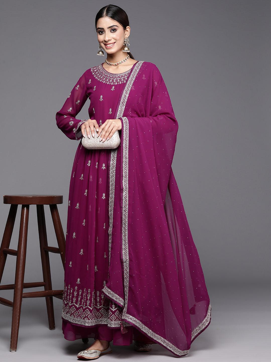 Purple Embroidered Georgette A-Line Kurta With Palazzos & Dupatta - Libas