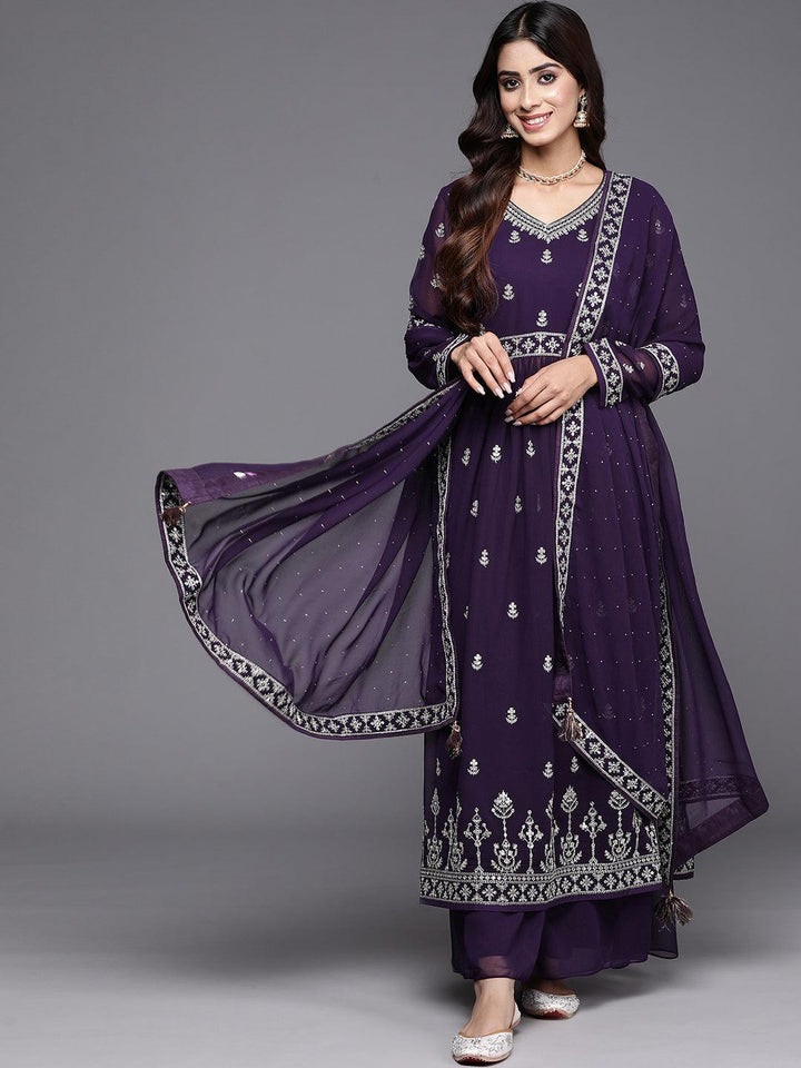 Purple Embroidered Georgette A-Line Kurta With Palazzos & Dupatta - Libas