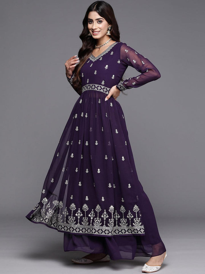 Purple Embroidered Georgette A-Line Kurta With Palazzos & Dupatta - Libas