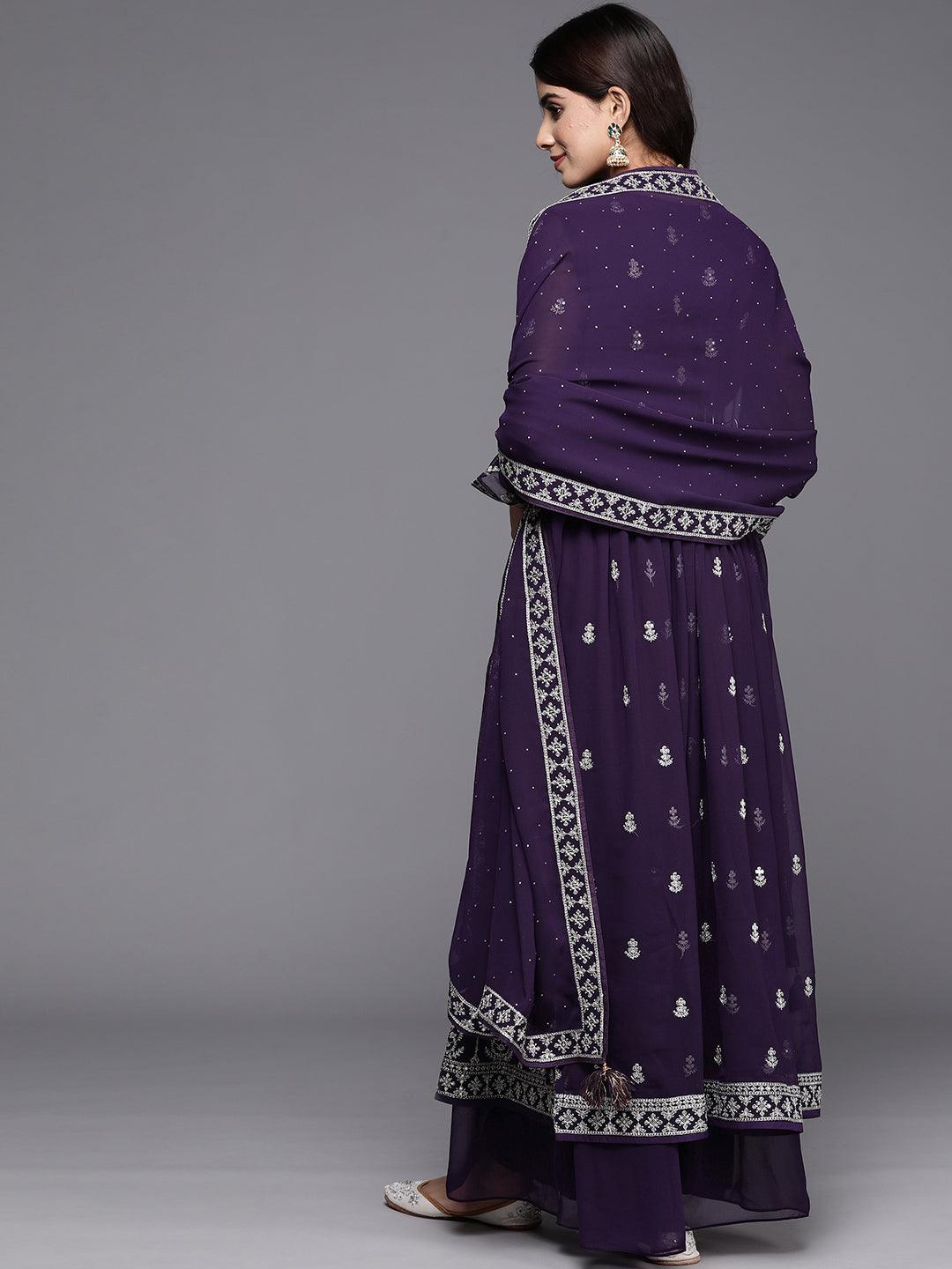 Purple Embroidered Georgette A-Line Kurta With Palazzos & Dupatta - Libas