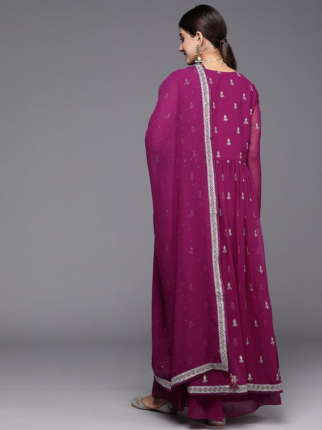 Purple Embroidered Georgette A-Line Kurta With Palazzos & Dupatta - Libas