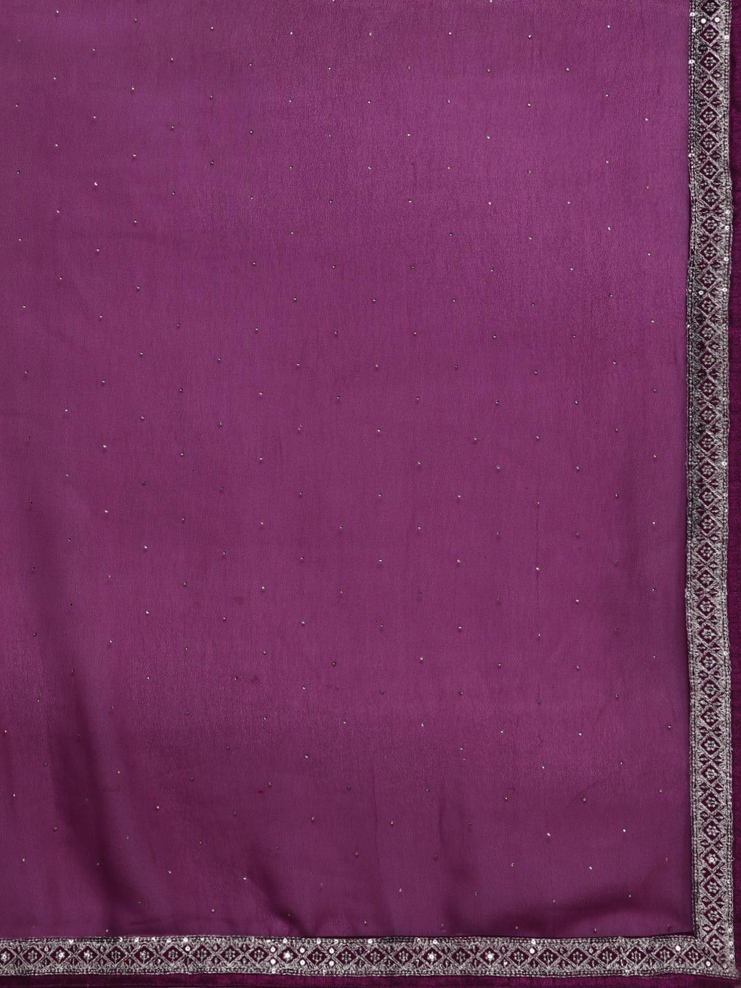 Purple Embroidered Georgette A-Line Kurta With Palazzos & Dupatta - Libas