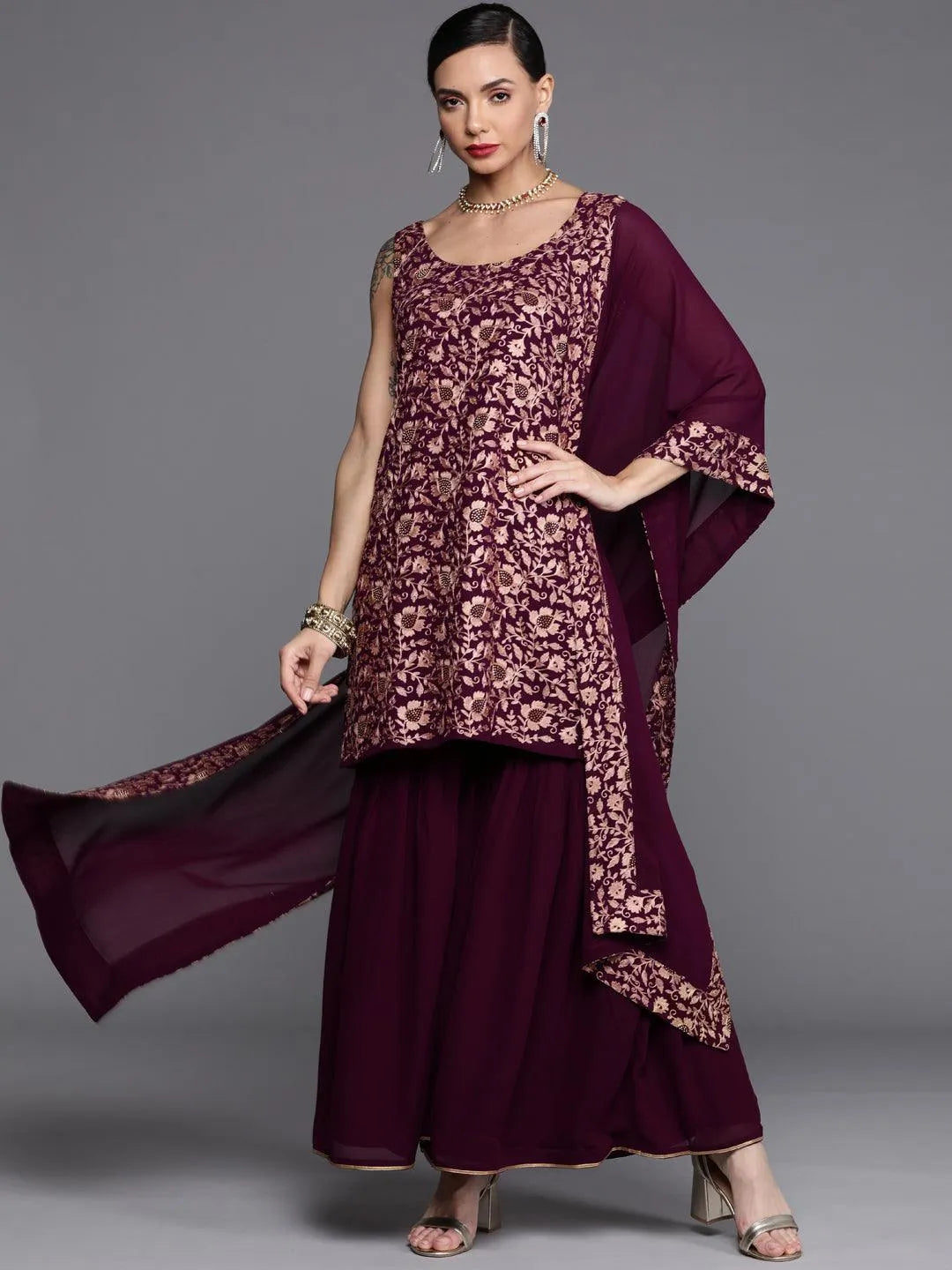 Purple Embroidered Georgette Suit Set - Libas