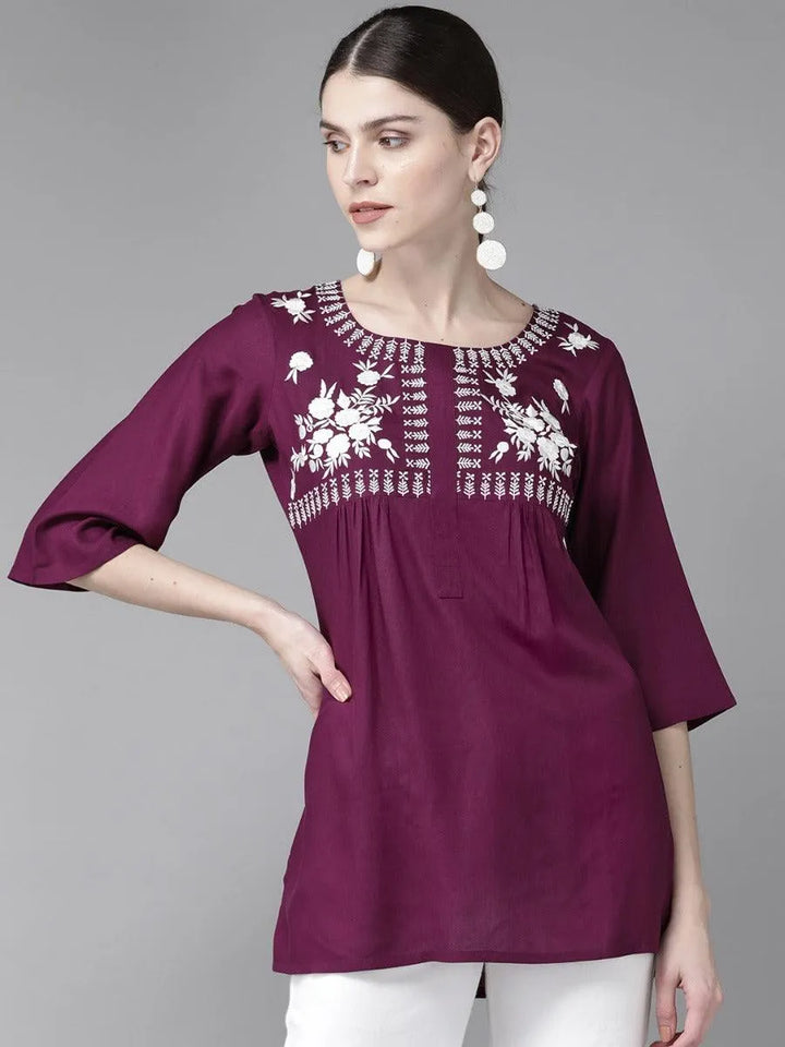 Purple Embroidered Rayon Kurti - Libas