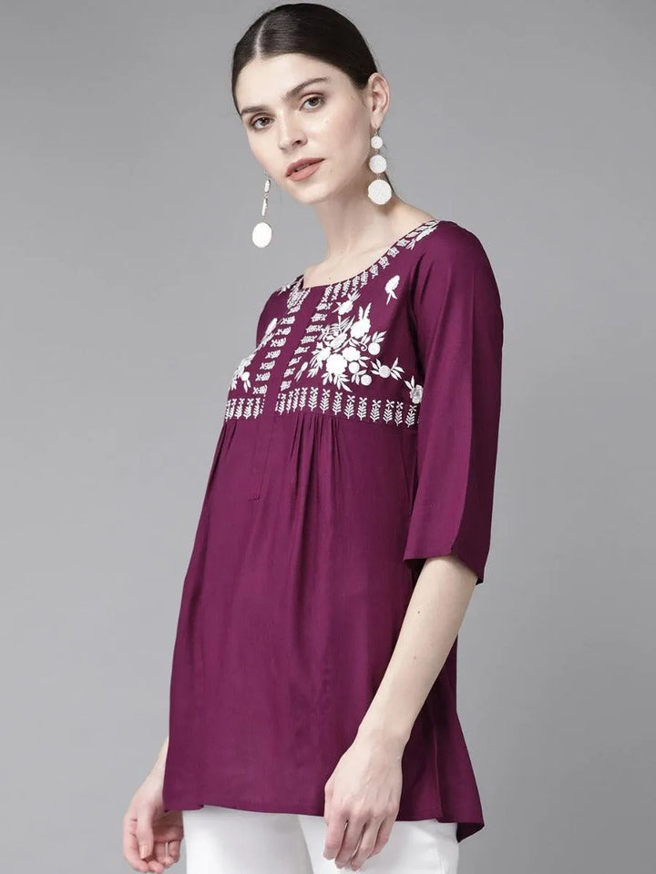 Purple Embroidered Rayon Kurti - Libas