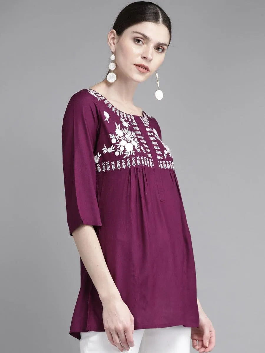 Purple Embroidered Rayon Kurti - Libas