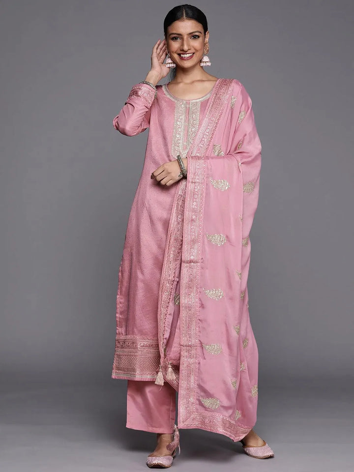 Purple Embroidered Silk Blend Straight Suit Set - Libas