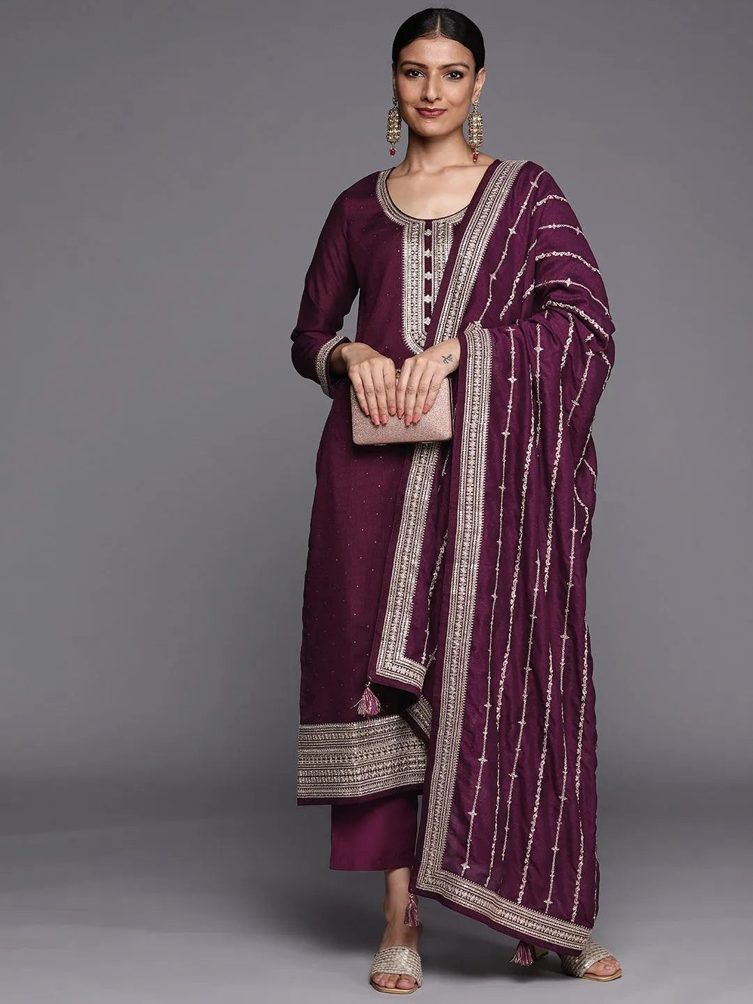 Purple Embroidered Silk Blend Straight Suit Set - Libas