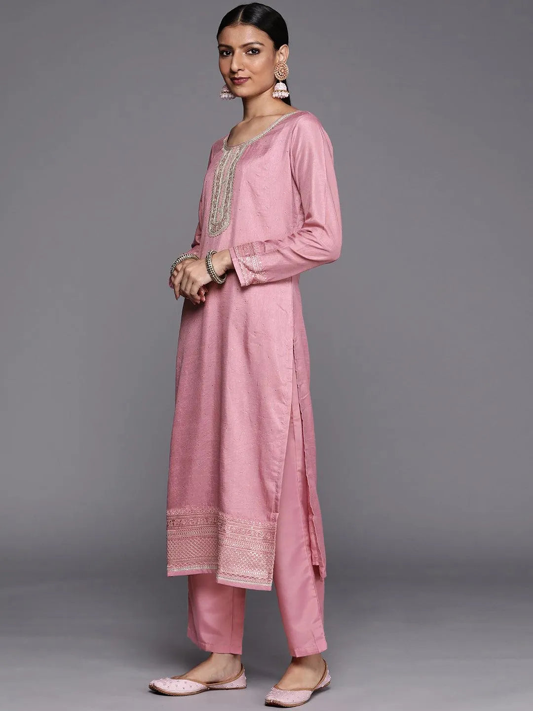 Purple Embroidered Silk Blend Straight Suit Set - Libas