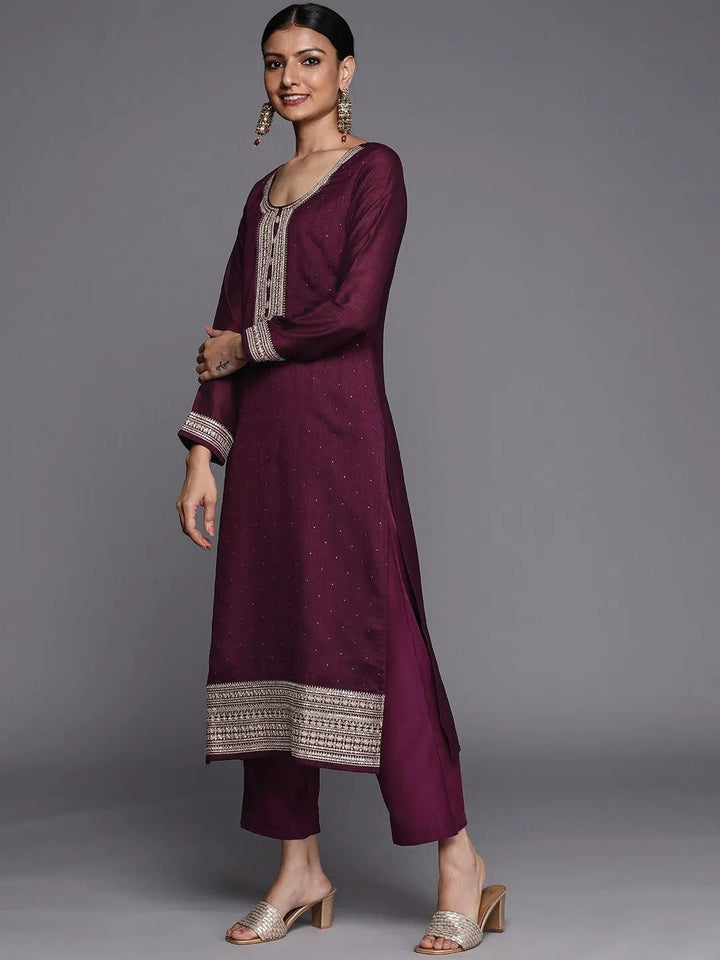 Purple Embroidered Silk Blend Straight Suit Set - Libas