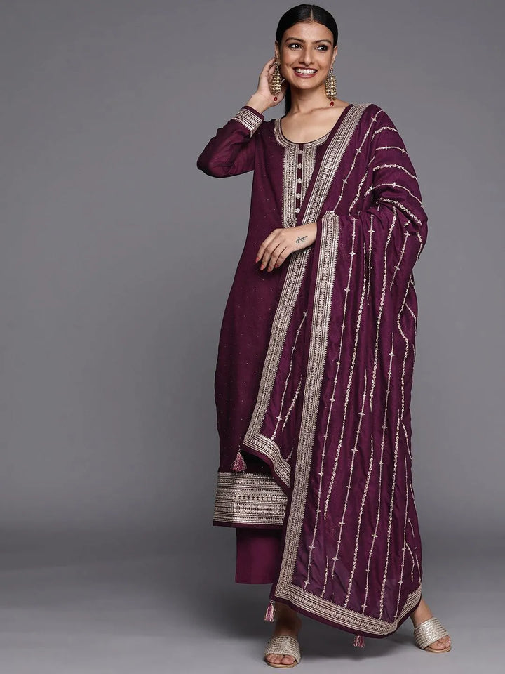 Purple Embroidered Silk Blend Straight Suit Set - Libas