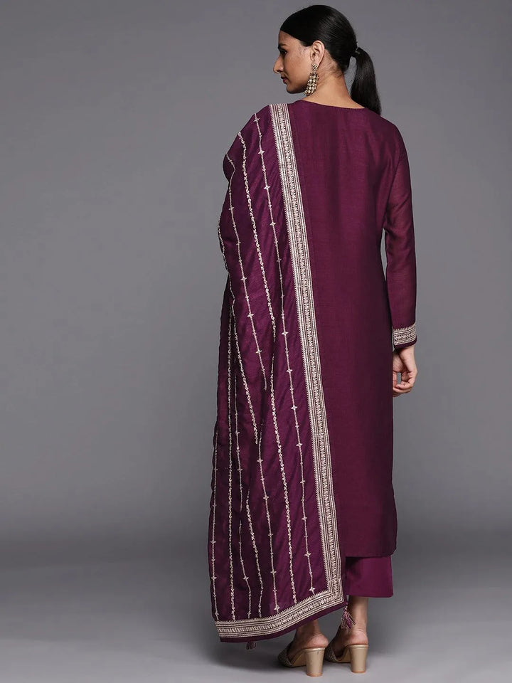 Purple Embroidered Silk Blend Straight Suit Set - Libas