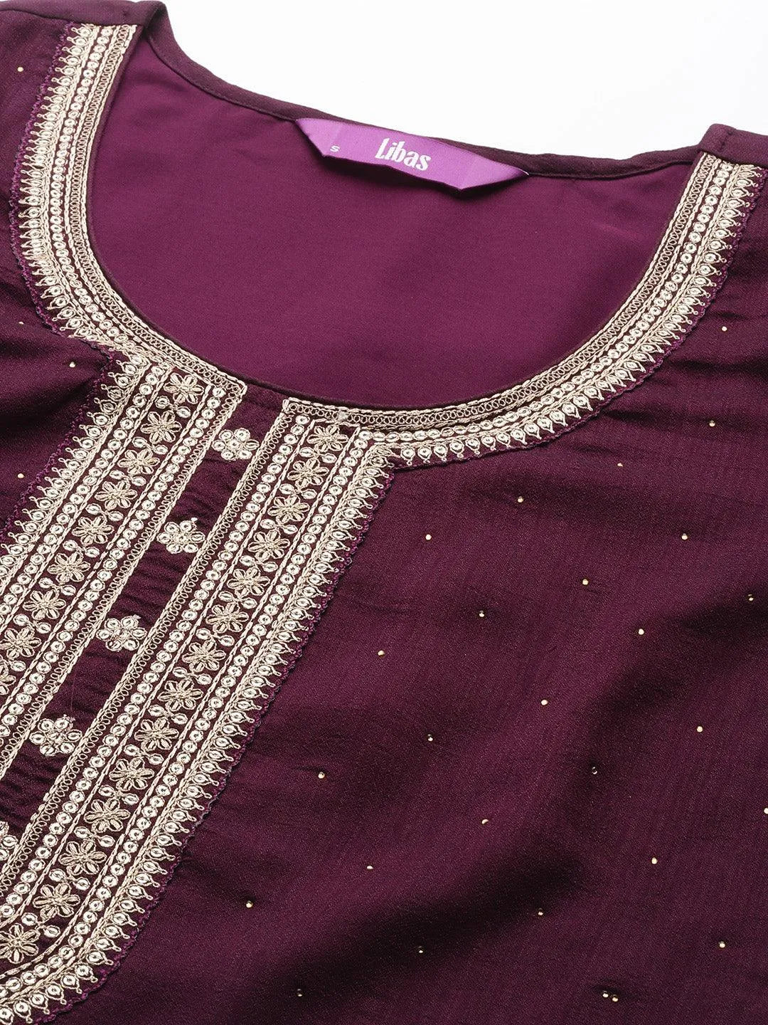 Purple Embroidered Silk Blend Straight Suit Set - Libas