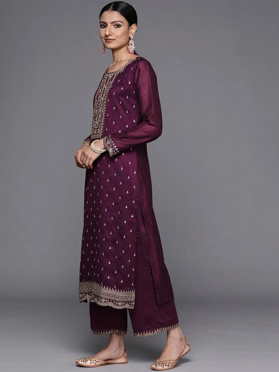 Purple Embroidered Silk Blend Straight Suit Set - Libas