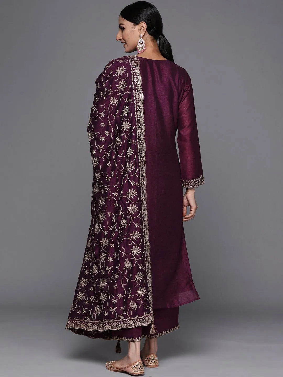 Purple Embroidered Silk Blend Straight Suit Set - Libas