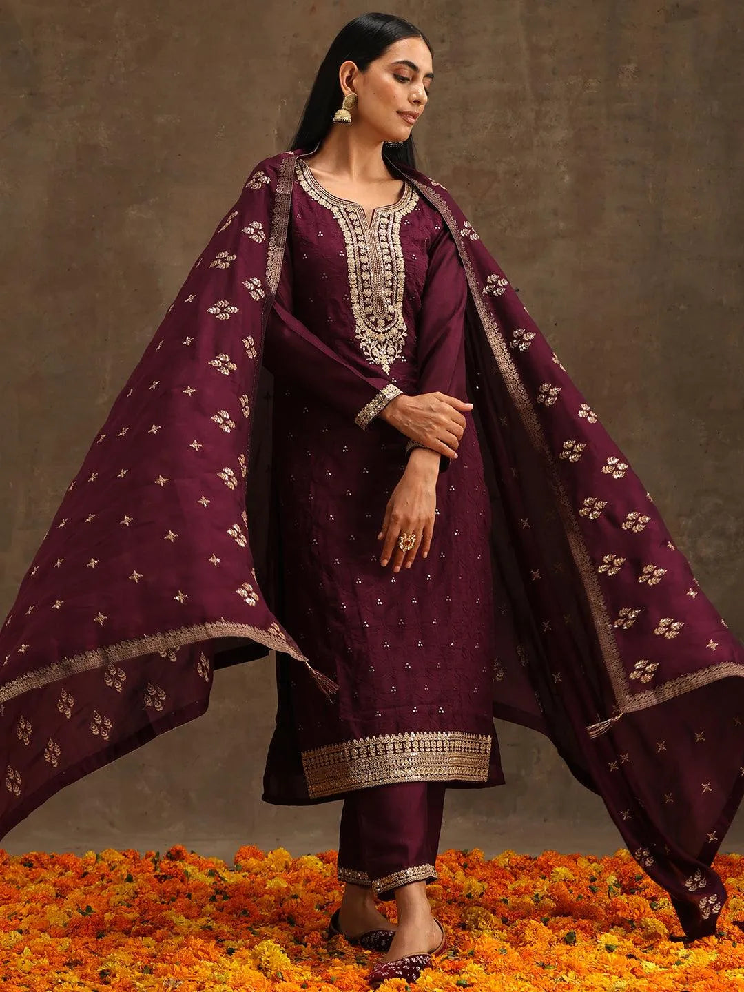 Purple Embroidered Silk Blend Suit Set With Trousers - Libas 