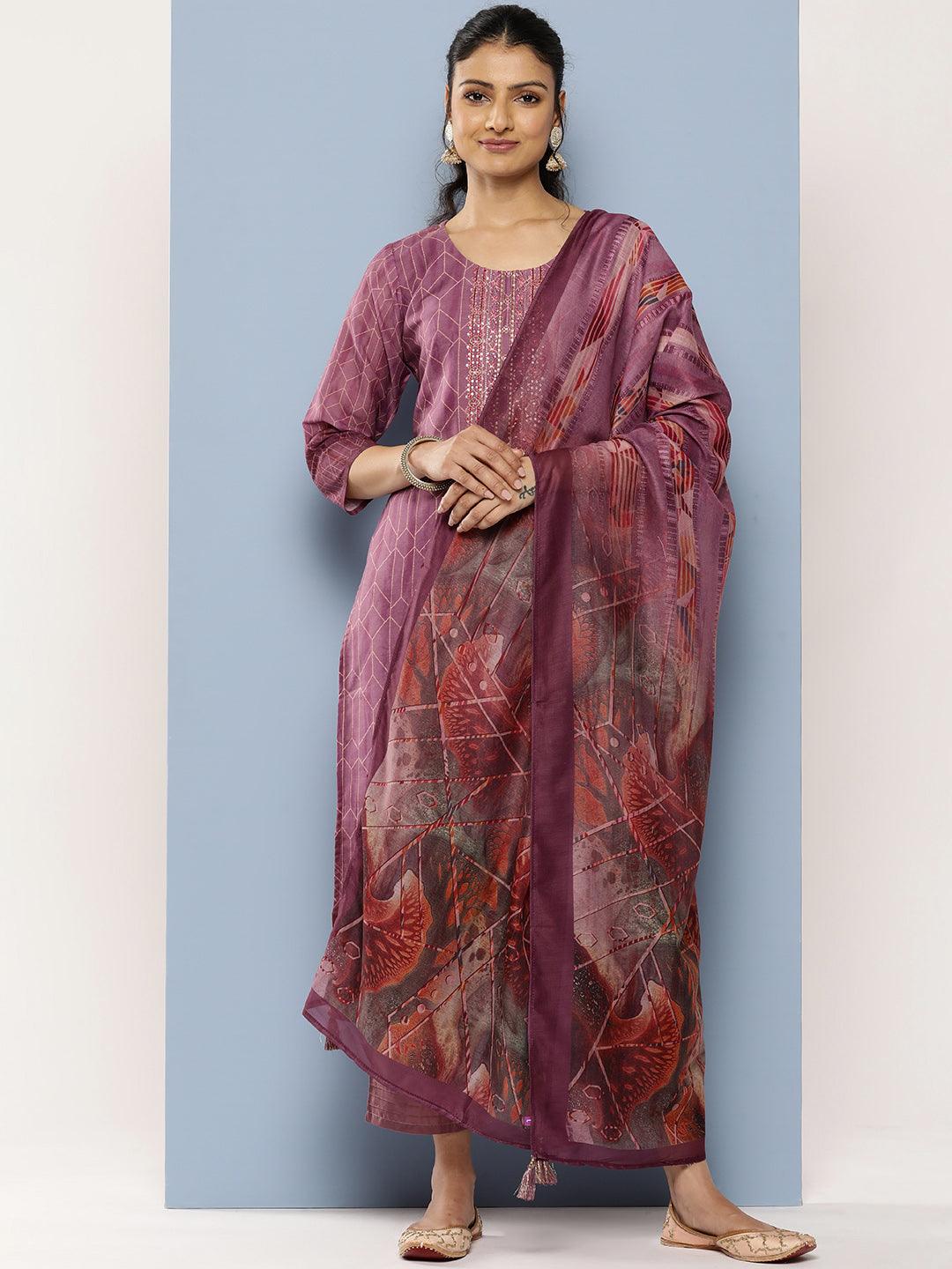 Purple Embroidered Silk Blend Straight Suit Set With Trousers - Libas 