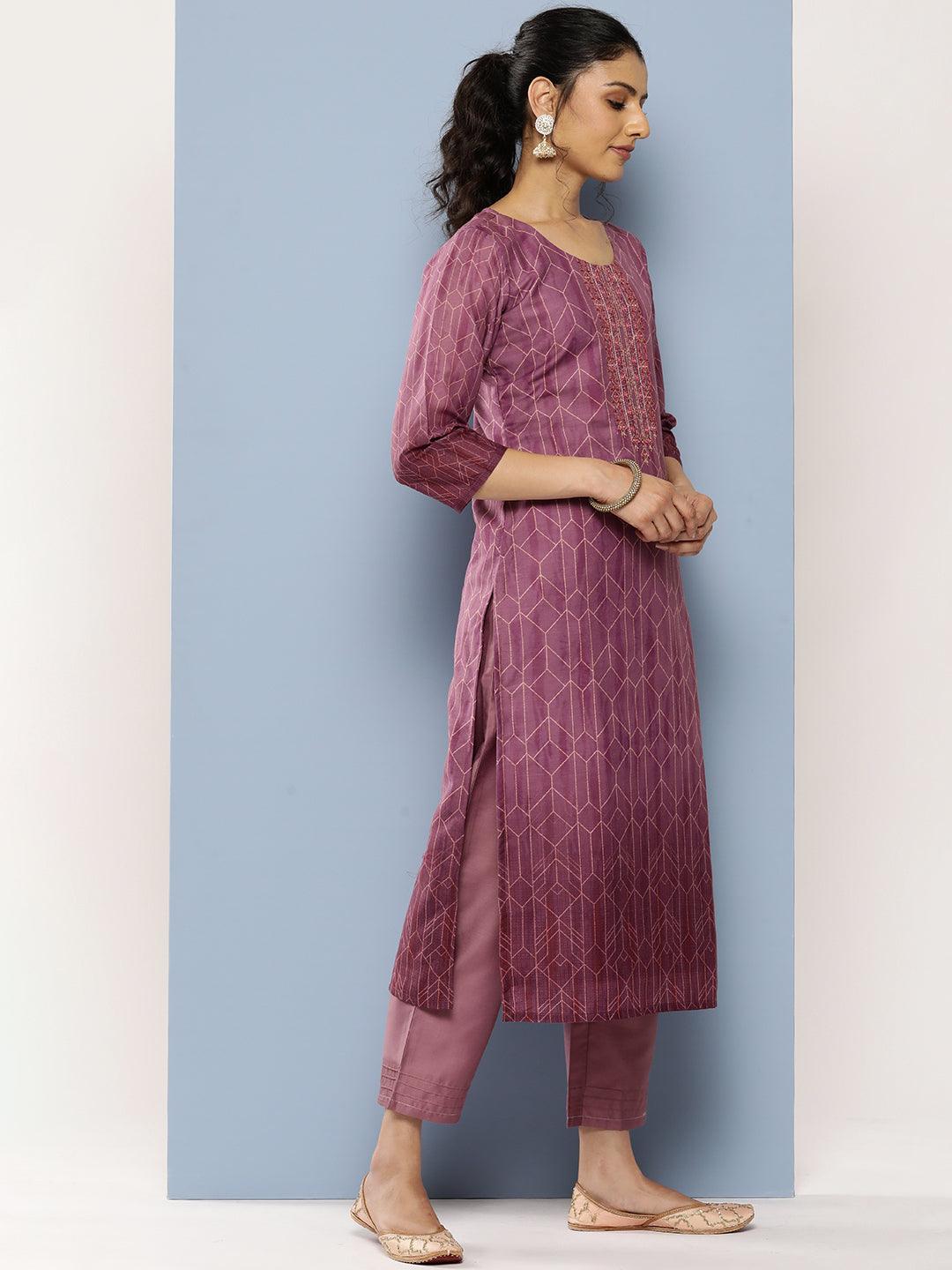 Purple Embroidered Silk Blend Straight Suit Set With Trousers - Libas 