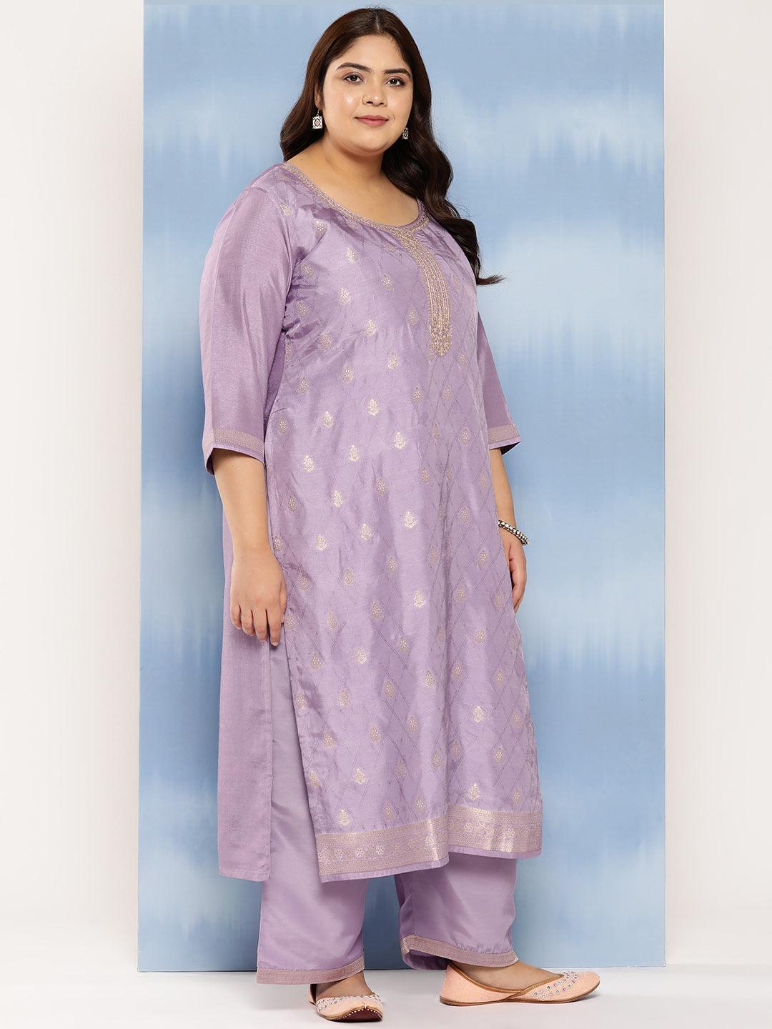 Purple Embroidered Silk Blend Straight Kurta With Trousers and Dupatta - Libas