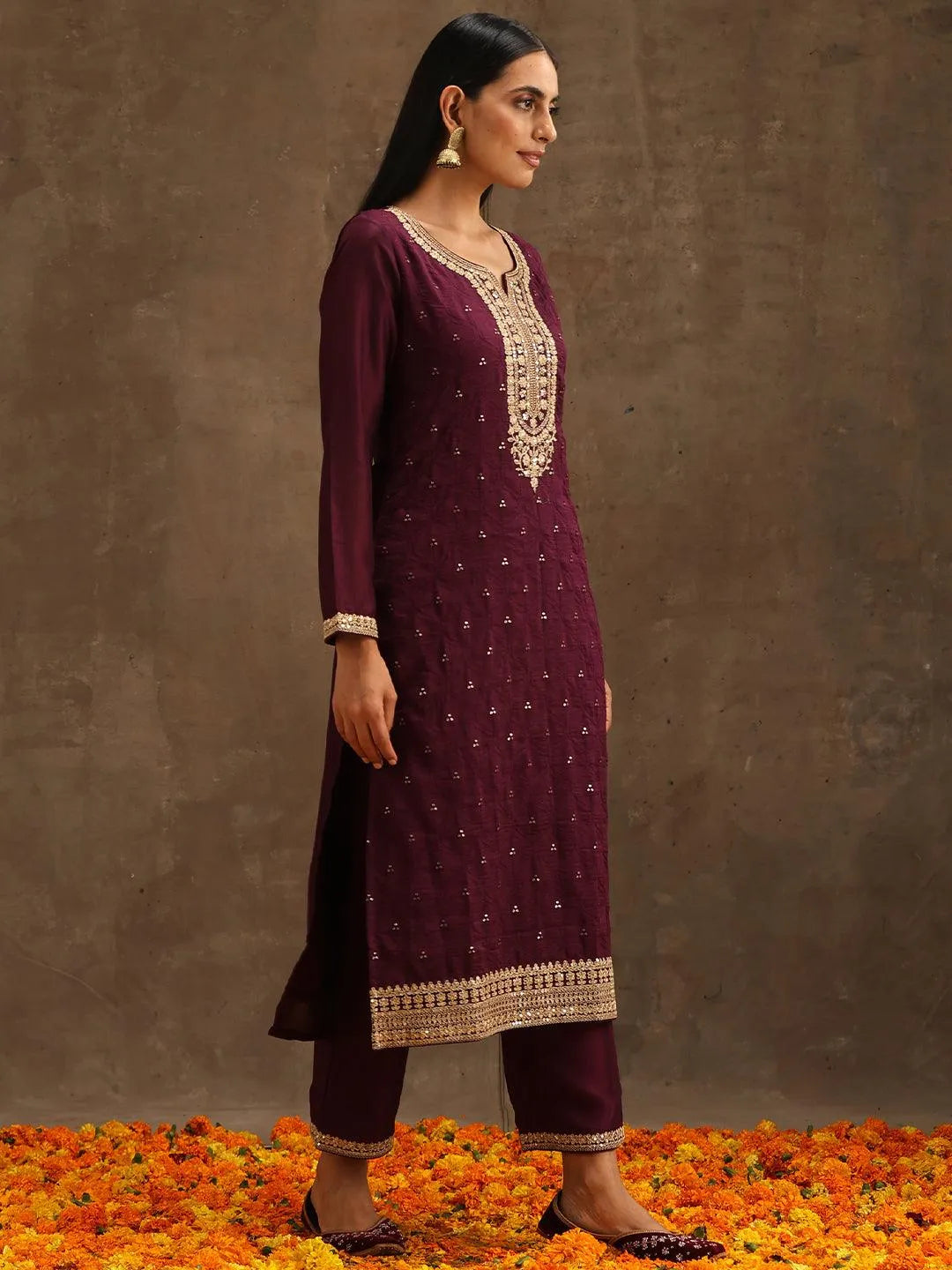 Purple Embroidered Silk Blend Suit Set With Trousers - Libas 