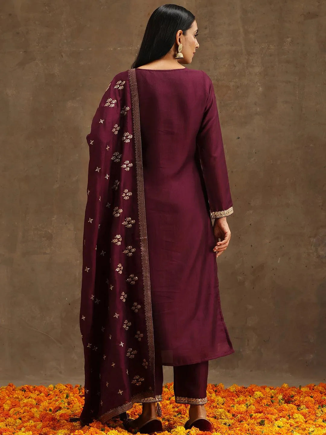 Purple Embroidered Silk Blend Suit Set With Trousers - Libas 