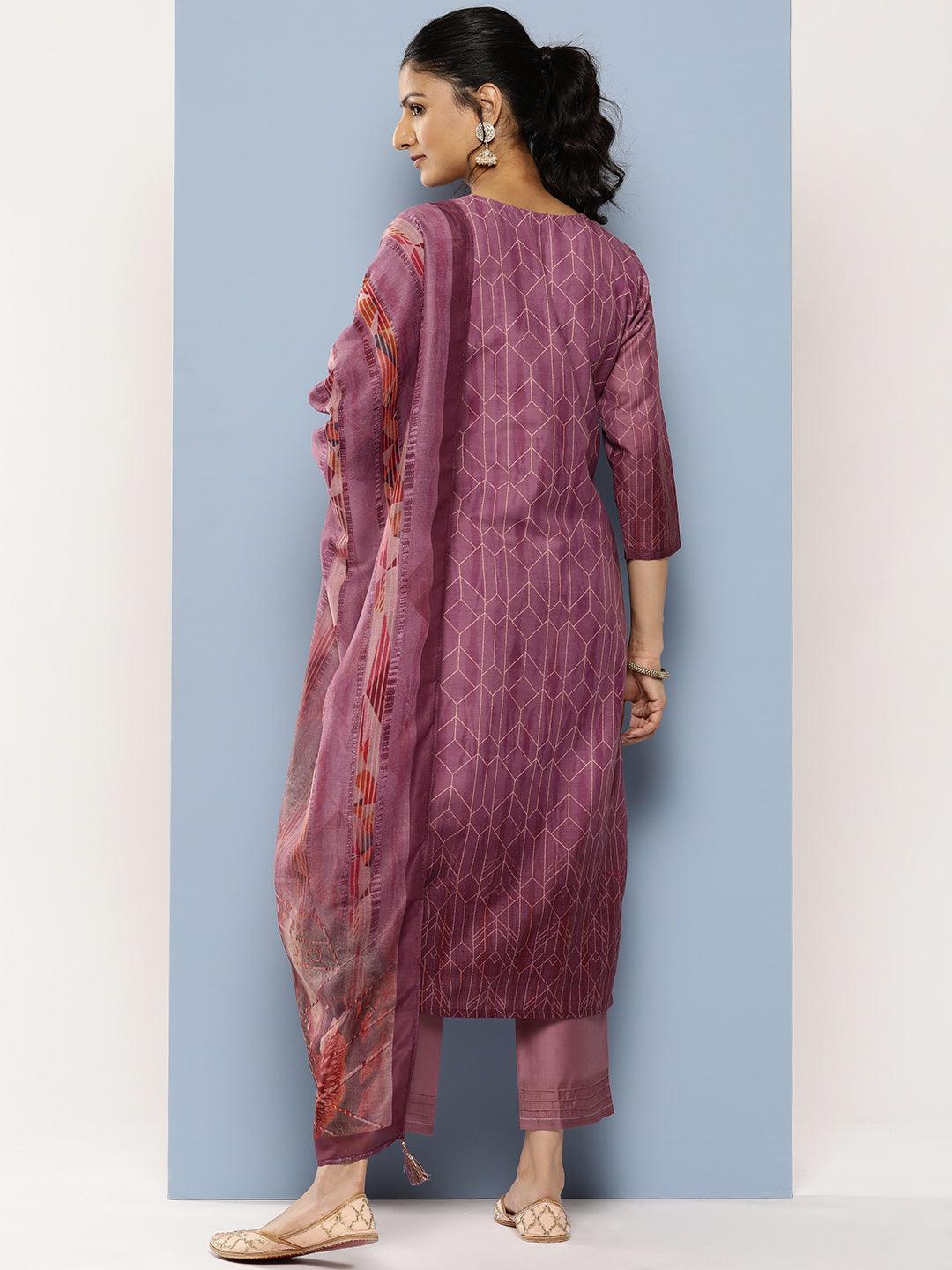 Purple Embroidered Silk Blend Straight Suit Set With Trousers - Libas