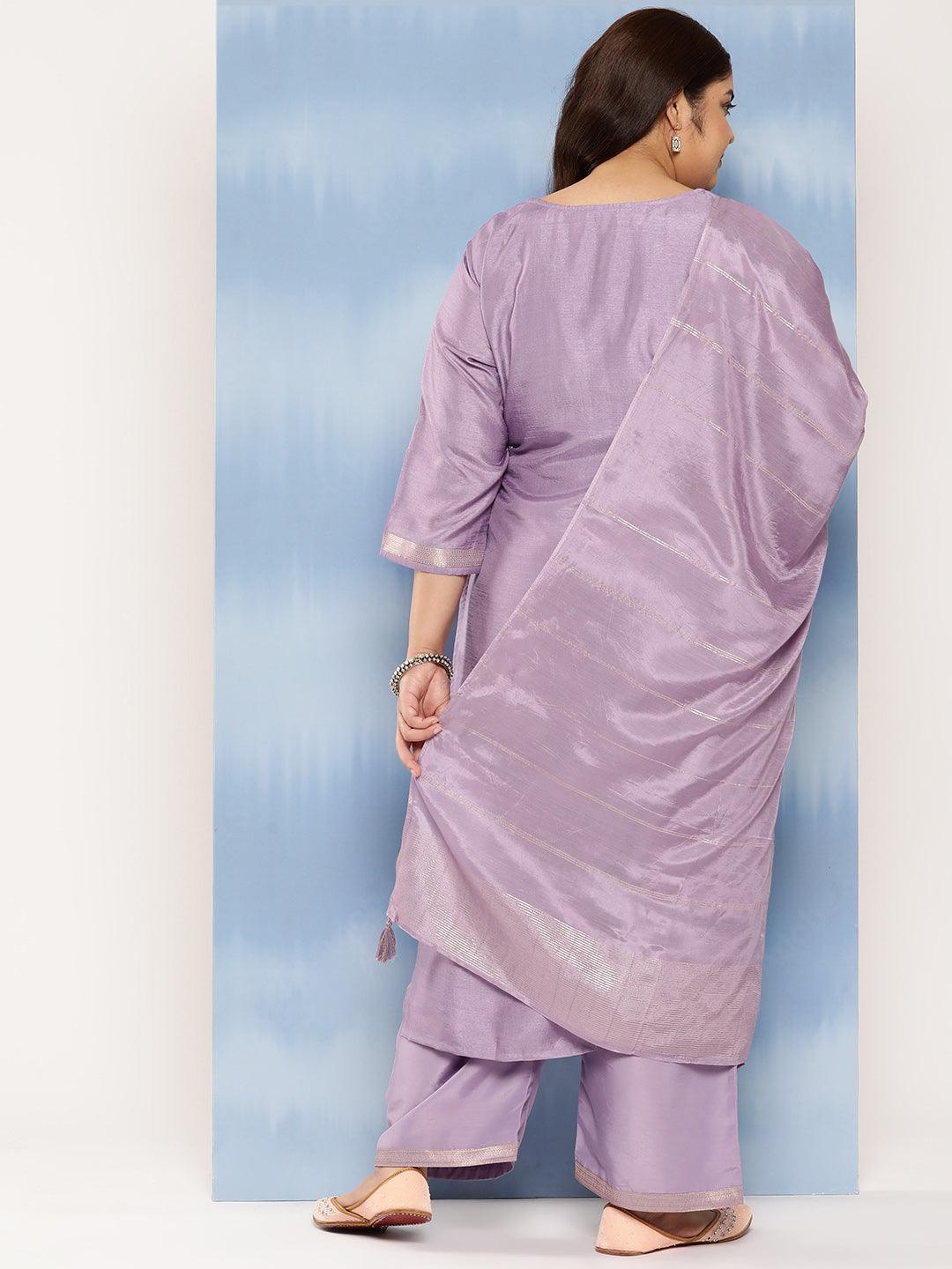 Purple Embroidered Silk Blend Straight Kurta With Trousers and Dupatta - Libas