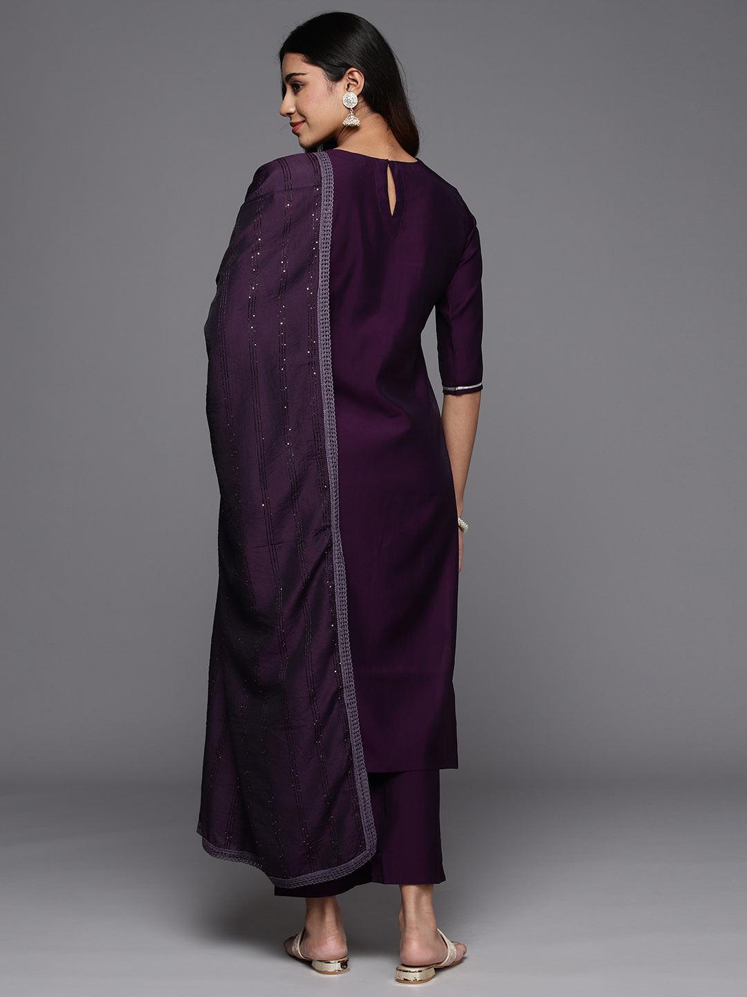 Purple Embroidered Silk Blend Straight Kurta With Trousers & Dupatta - Libas 